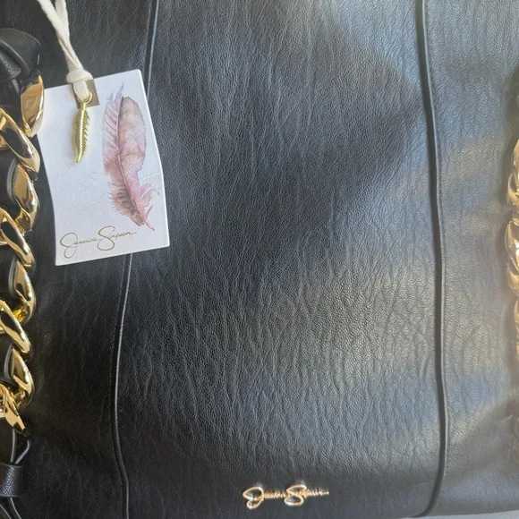 Black faux Leather Tote Bag with Gold Chain by Jessica Simpson - Picture 7 of 9